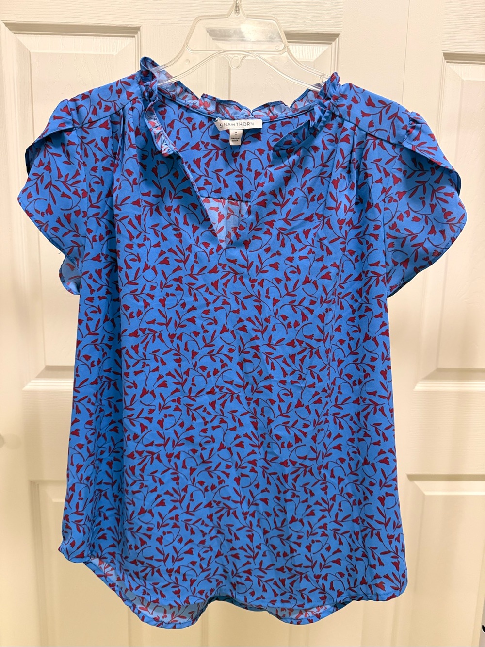 Floral Print Blue Ruffle Neck Blouse